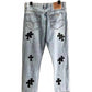 CHROME HEARTS Blue Jeans With Black Leather Crosses