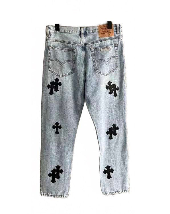 CHROME HEARTS Blue Jeans With Black Leather Crosses