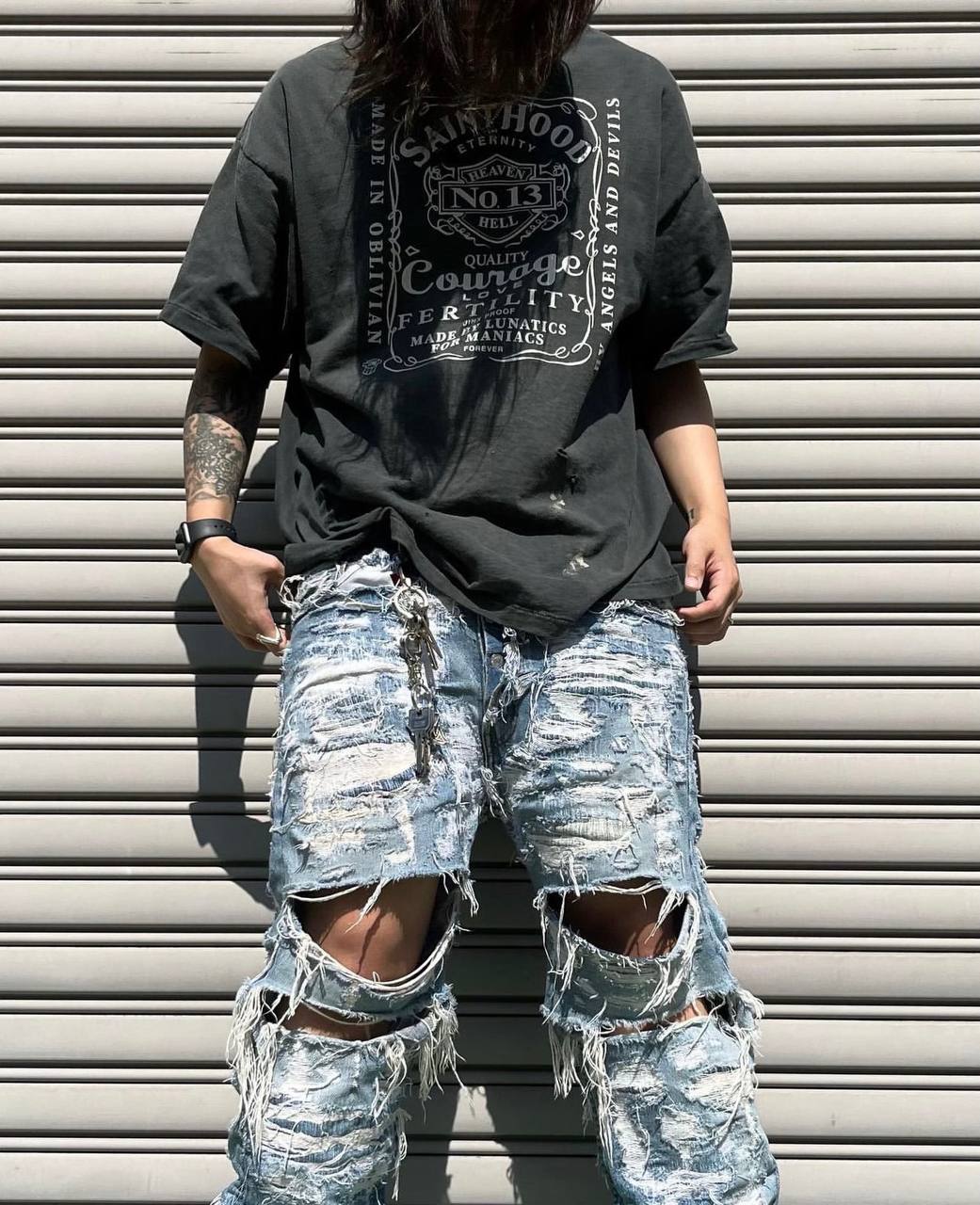 SAINT MICHAEL & NEIGHBORHOOD Distressed Printed Cotton-Jersey T-Shirt